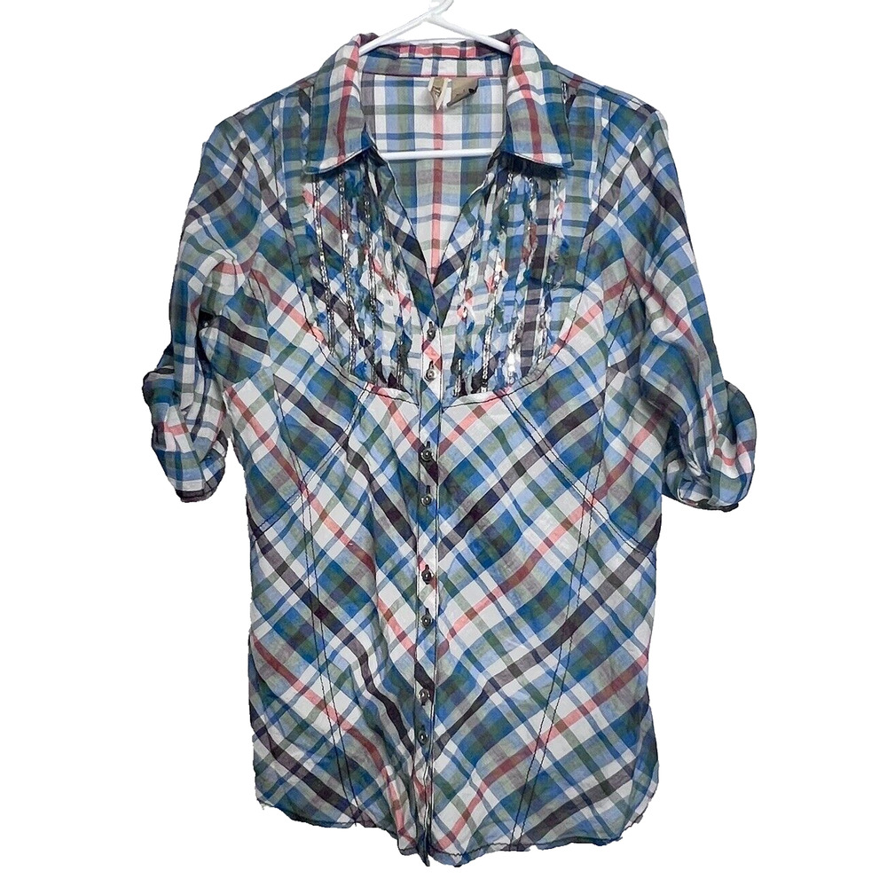 BKE Plaid Shirt Womens Size Large Multicolor Sequins Ruffle Roll Tab Sleeve Boho